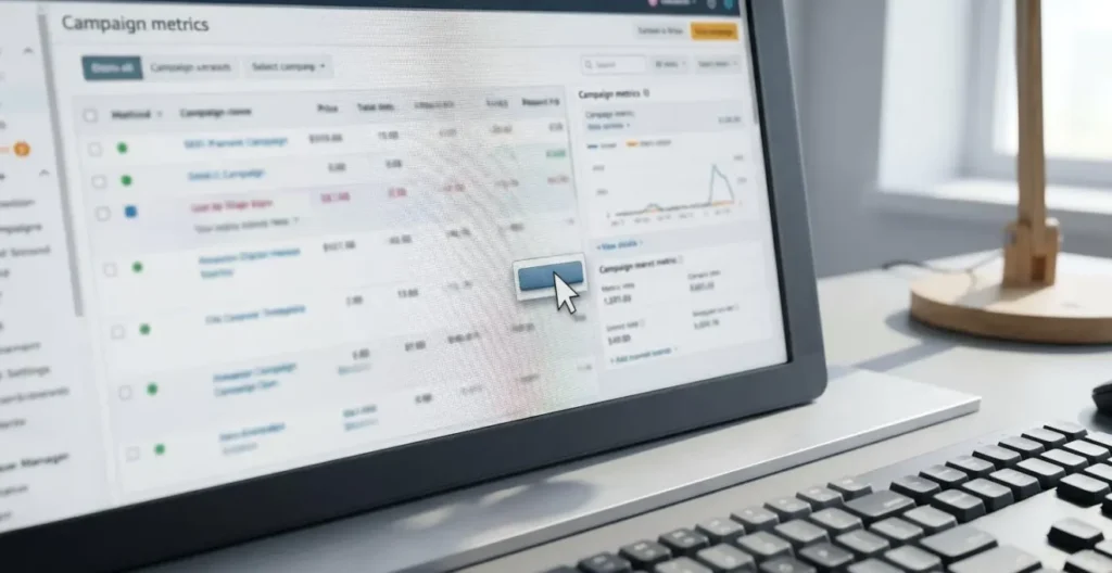 Gros plan sur interface de campagne Amazon avec bouton d'ajustement d'enchère et métriques de performance Gros plan sur interface de campagne Amazon avec bouton d'ajustement d'enchère et métriques de performance