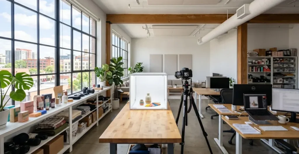 Espace de travail e-commerce avec équipement de photographie produit, lightbox et trépied, lumière naturelle abondante Espace de travail e-commerce avec équipement de photographie produit, lightbox et trépied, lumière naturelle abondante